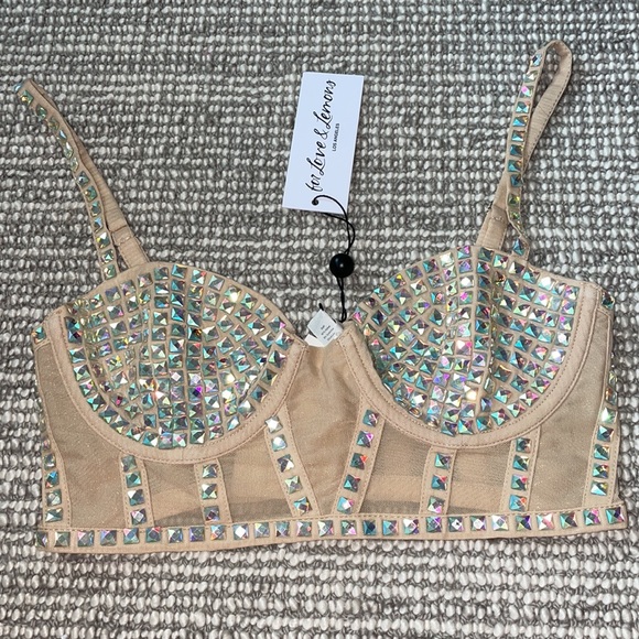 NWT FOR LOVE & LEMONS Jackpot Long Line Bra Gem Studded Bralette Top in Nude XS - Picture 3 of 4